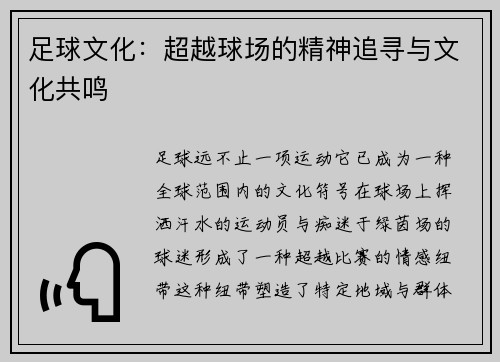 足球文化：超越球场的精神追寻与文化共鸣