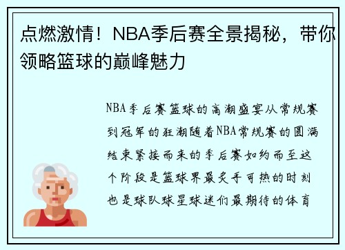 点燃激情！NBA季后赛全景揭秘，带你领略篮球的巅峰魅力