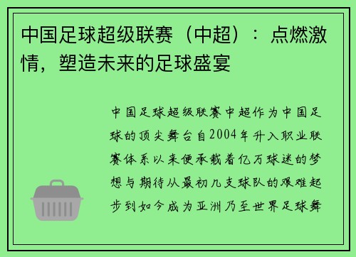 中国足球超级联赛（中超）：点燃激情，塑造未来的足球盛宴